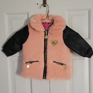Betsey Johnson Baby Girl Zip Up Fuzzy Faux Leather Jacket Sz 6-9 Months